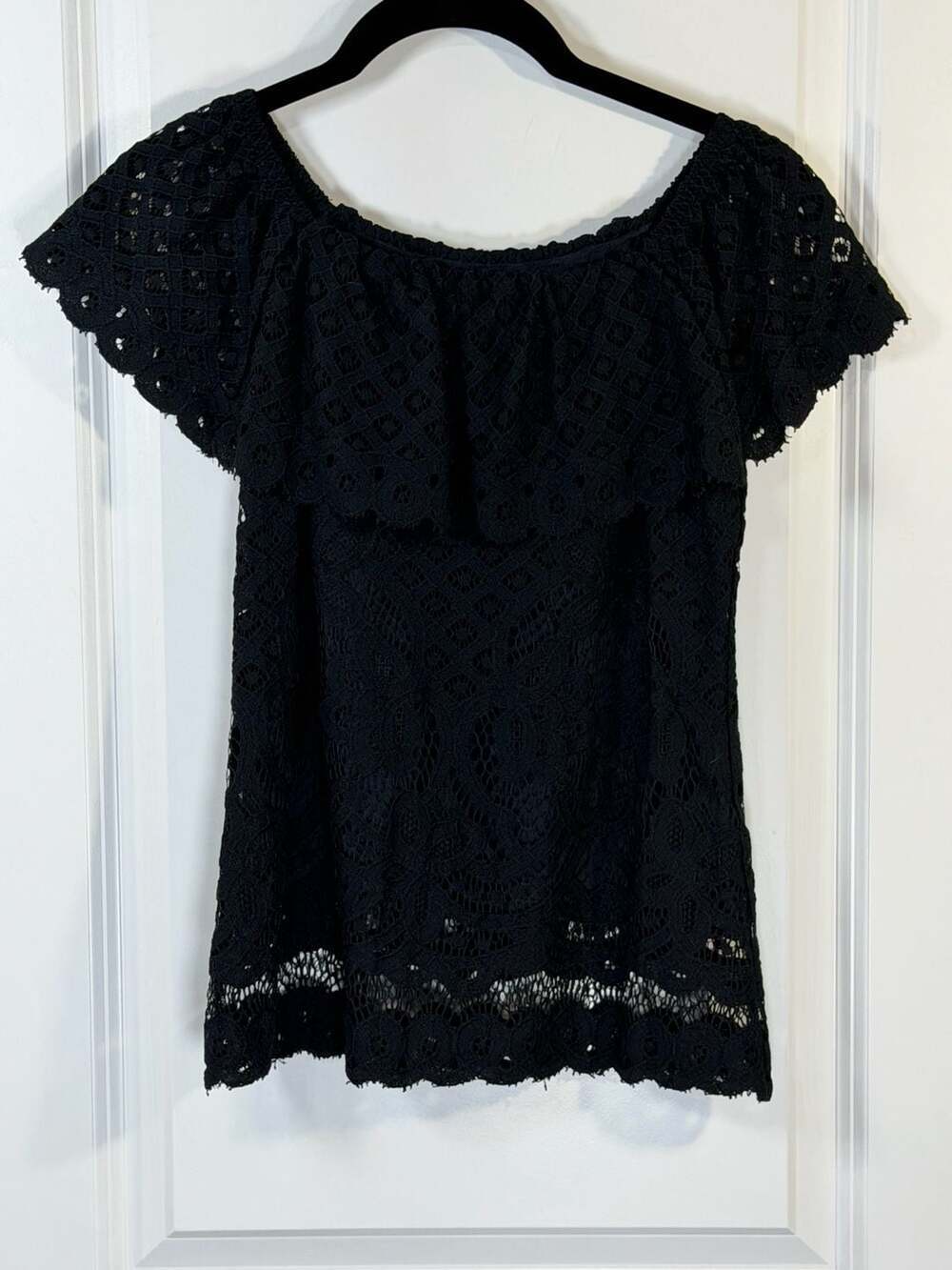 Maison Jules Black Lace Off-The-Shoulder Ruffle Top Size XXS